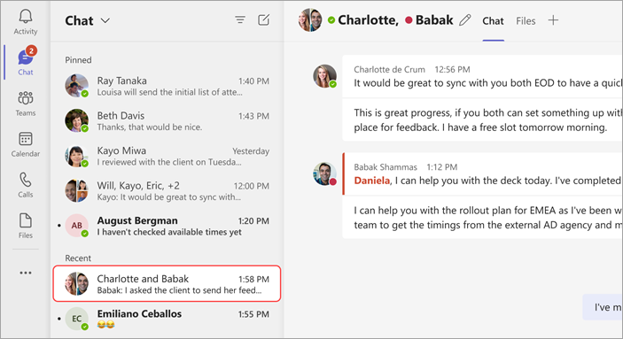 Skærmbillede, der viser, hvordan du sender en meddelelse til en eksisterende chat