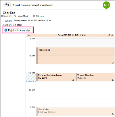 Klik på knappen Føj til min kalender for at føje en gruppebegivenhed til din personlige kalender