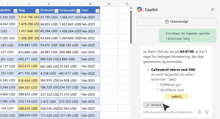 Skærmbillede af, hvordan du fremhæver værdier ved hjælp af Copilot i Excel.