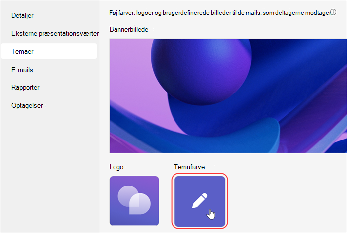 Skærmbillede af fremhævet brugergrænseflade, der viser, hvordan du føjer en temafarve til en forsamling