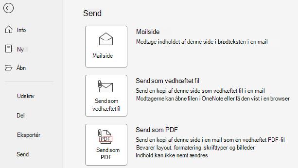 Skærmbillede af knapperne Send som vedhæftet fil og Send som PDF.