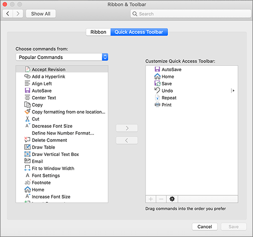 værktøjslinjen hurtig handling i Word til Mac - Support