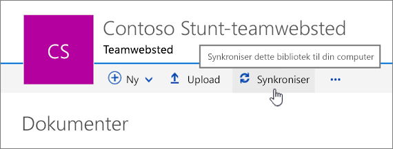 Overskrift for dokumentbibliotek med Synkronisering markeret
