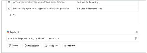 "Find handlingspunkter og deadlines fra denne side" skrives ind i tekstfeltet Loop på lærredet Copilot