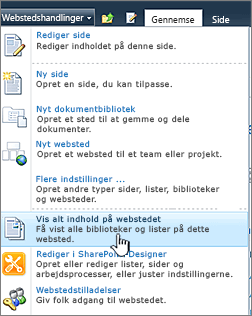 Vis alt webstedsindhold i menuen Webstedshandlinger
