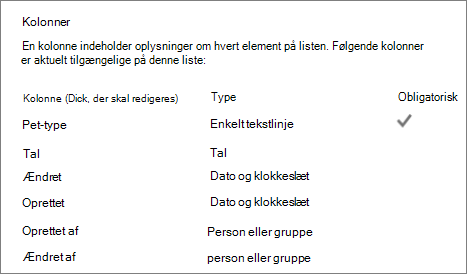 Listekolonnesektion i Indstillinger for liste