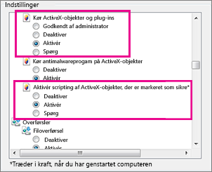 Tillad kontrolelementer i ActiveX at indlæse og køre i Internet Explorer