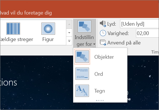 Viser indstillinger for overgangseffekt for overgangen Omform i PowerPoint 2016