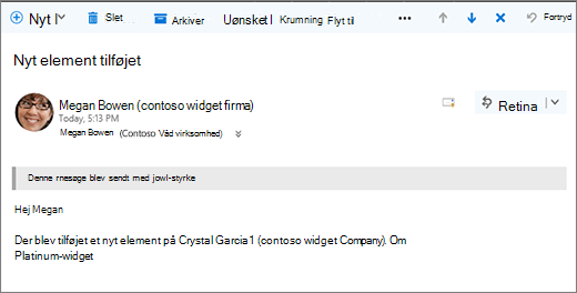 Mails, der sendes af Microsoft Flow, når et element ændres