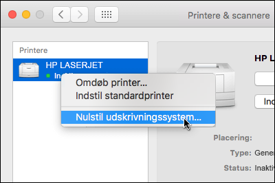 Ctrl Klik på listen over printere for at få adgang til Nulstil udskrivningssystemet på OSX