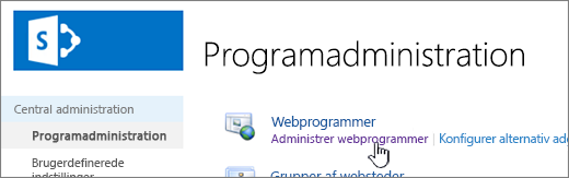 Central administration med Administrer web apps markeret