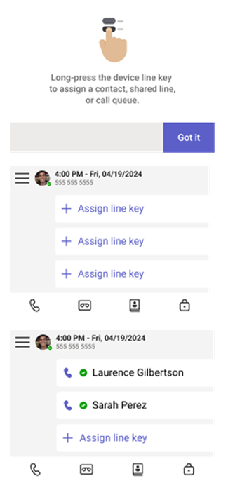Tildel kontakter, delte linjer eller opkaldskøer ved at trykke længe på en linjetast.