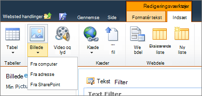 Klik på knappen billede på båndet, og vælg fra computer, adresse eller SharePoint.