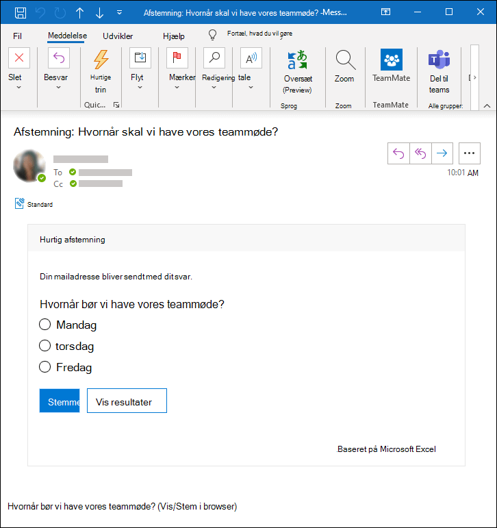 Microsoft Forms afstemning i en Mail i Outlook