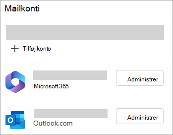 Skærmbillede af vinduet Indstillinger, der viser indstillingen Administrer konti i det nye Outlook