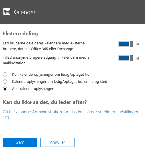 Dele kalendere med eksterne brugere - Office 365