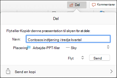 Dialogboks, der tilbyder at uploade præsentationen til dit Microsoft-skylager, så delingen bliver problemfri.