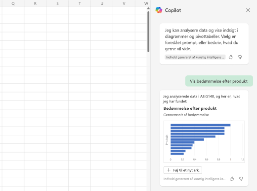 Skærmbillede af, hvordan Copilot kan præsentere analyserede data i diagrammer, grafer og tabeller.