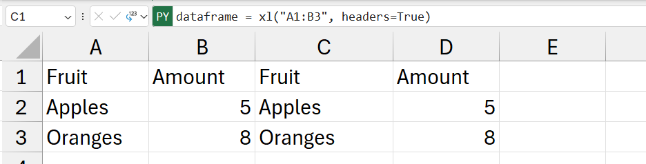 DataFrame-indholdet, der returneres som Excel-værdier.