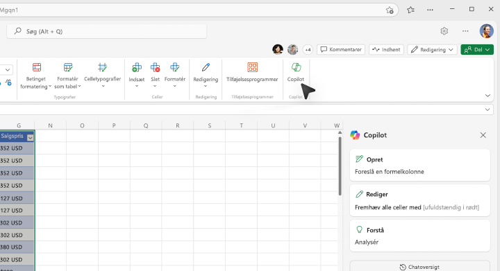 Skærmbillede af, hvor du kan vælge Copilot-knappen på Excel-båndet.