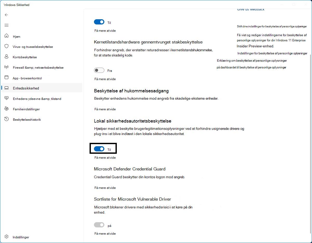 Styring af LSA-beskyttelse på siden Kerneisolering i Windows Sikkerhed-appen