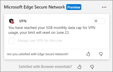 Se, hvornår din datagrænse er blevet opfyldt i Browser Essentials.