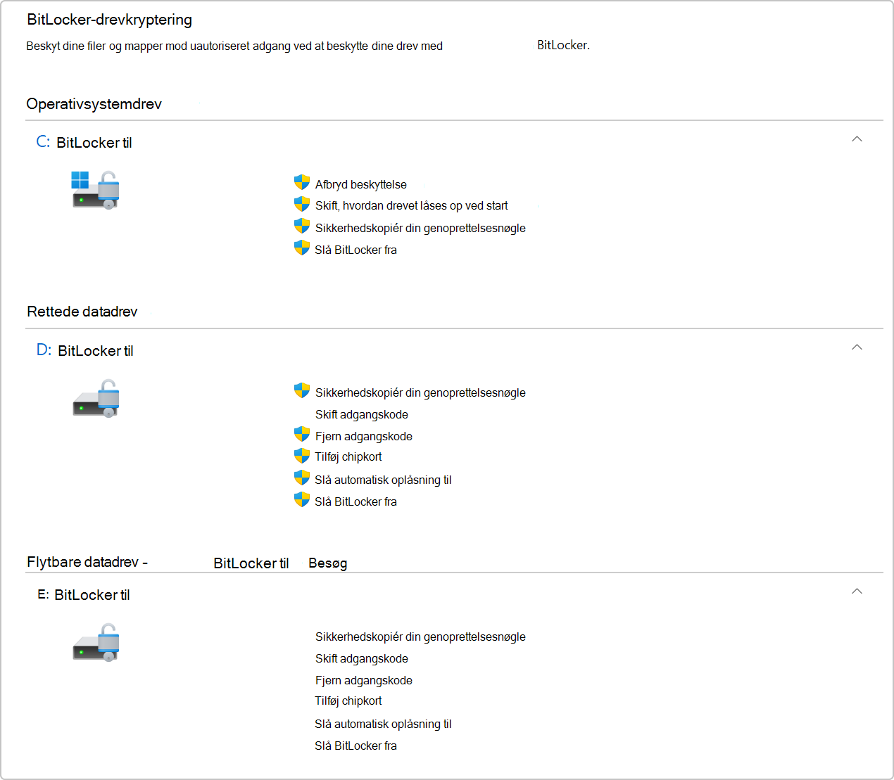 Skærmbillede af BitLocker-drevkryptering i Kontrolpanel.