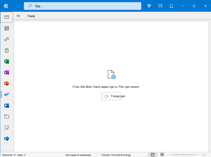 Billede af Outlook-vindue med fejlen "kan ikke åbne teamapp"