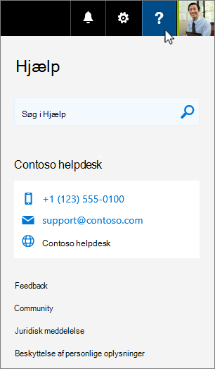 Brugerdefineret Hjælp vises i hjælp-kortet til Office 365
