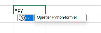 Menuen Autofuldførelse for en Excel-formel med Python-formlen markeret.