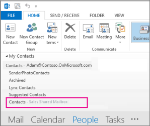 Delte lister over kontakter vises i kontaktruden i Outlook