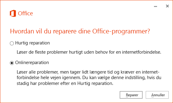 Dialogboksen Office Repair ved reparation af synkroniseringsappen i OneDrive for Business