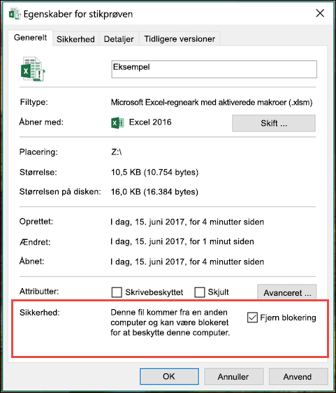 Højreklik på filen i Windows Stifinder for at fjerne blokeringen af makroerne.