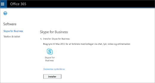 Et billede af installationssiden, som du får vist, hvis du har planen Skype for Business Online