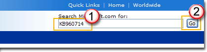 Vælg linket Download Center, skriv opdateringsnummeret i søgefeltet (f.eks. 960714), og klik derefter på søgeikonet, eller tryk på Enter på tastaturet.