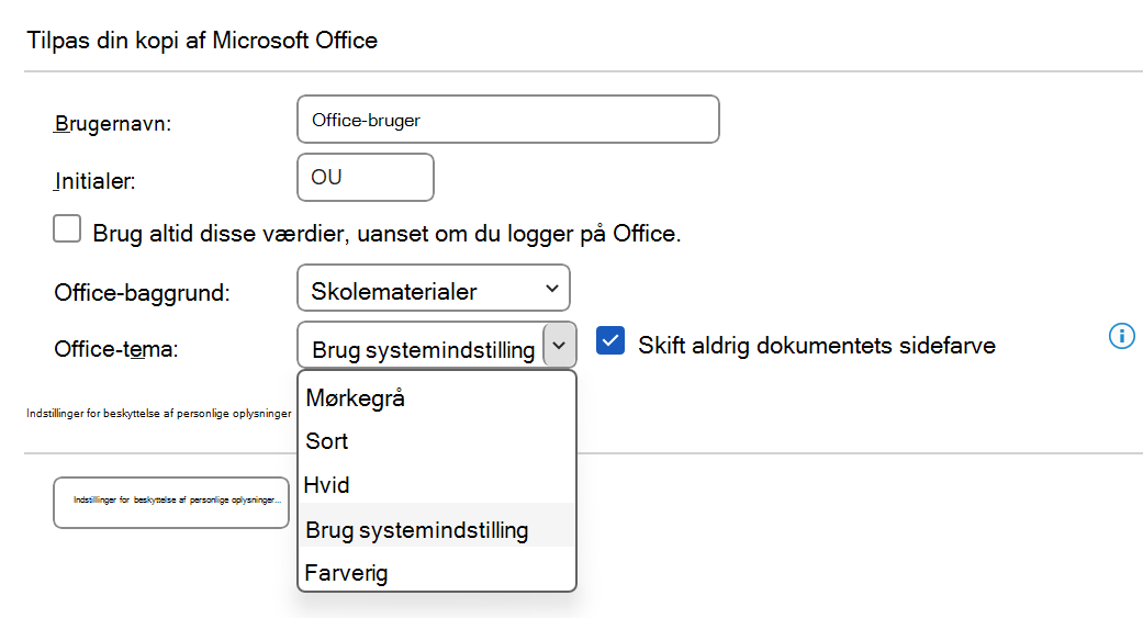Rullemenuen for Office-tema udvidet i dialogboksen Indstillinger.