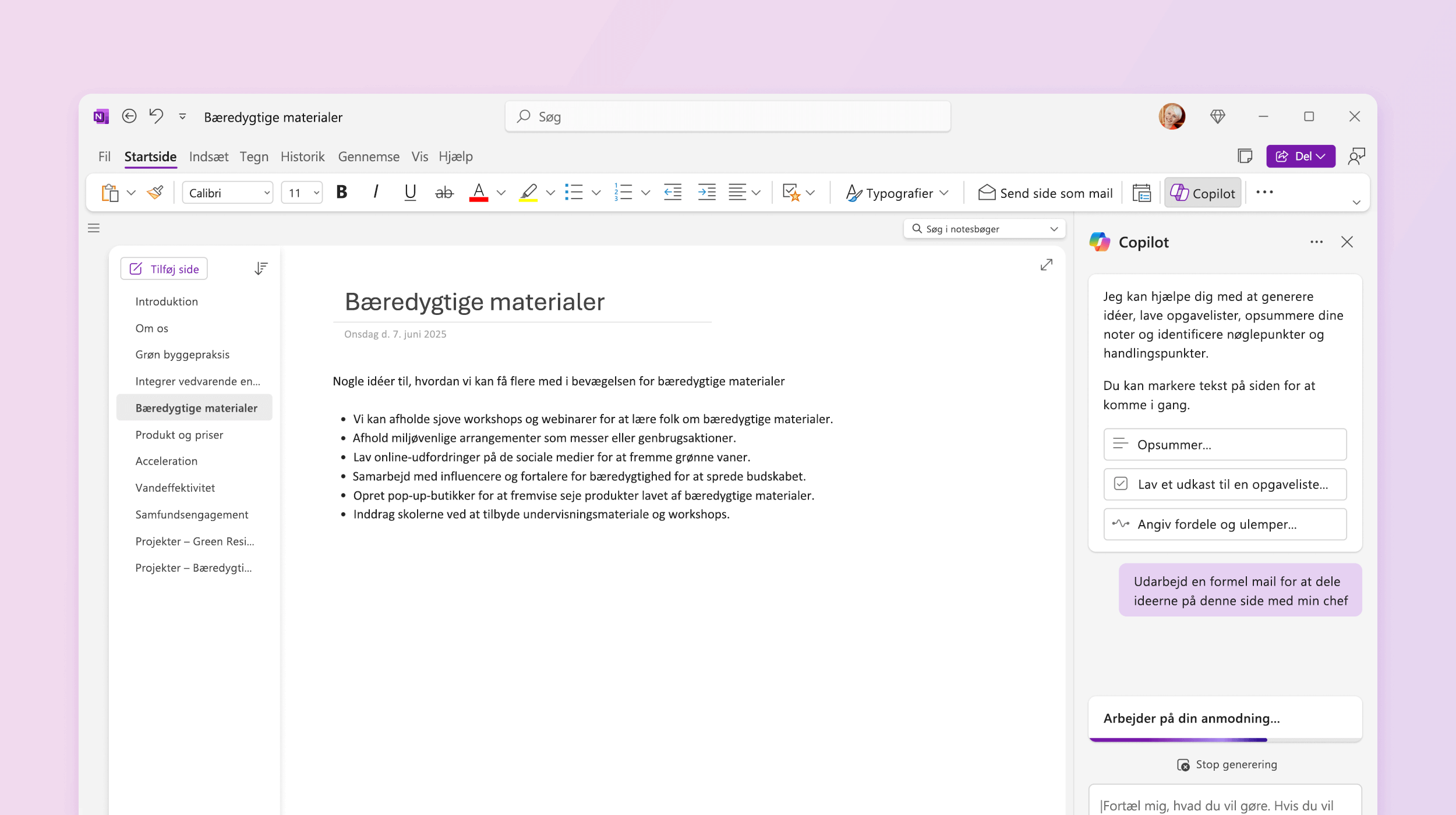 Skærmbillede, der viser Copilot i OneNote, der udarbejder en plan.