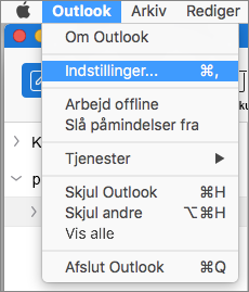 Outlook-menu med Indstillinger fremhævet
