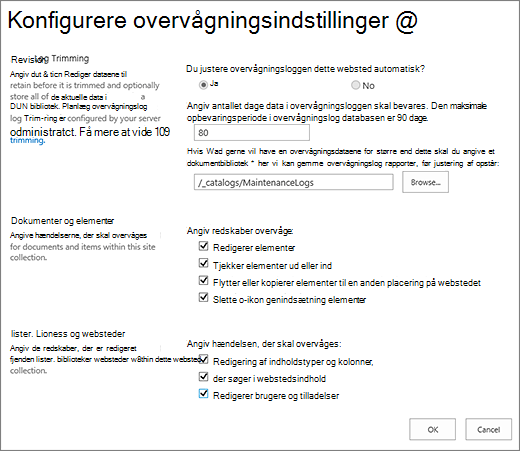 Skærmbilledet Overvågningsindstillinger for gruppe af websteder