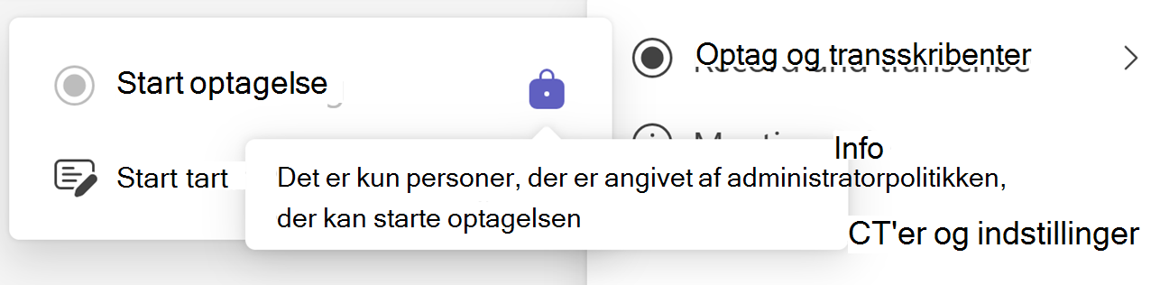 Skærmbillede af knappen Start optagelse i Teams med låseikonet og værktøjstip