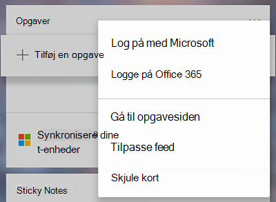 Skærmbillede, der viser indstillingen til at logge på med Microsoft eller Office 365 i menuen flere opgaver kort mere