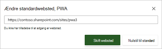 Skærmbillede af standarddialogboksen PWA-websted med en rød fejlmeddelelse under tekstfeltet