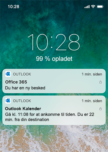 Et billede viser låseskærmen på en iPhone med Outlook-meddelelser, der ikke viser detaljerede oplysninger bortset fra at en ny meddelelse er modtaget.