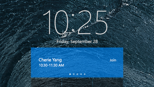 Viser Surface Hub-velkomstskærmen, hvor Cherie Yang har et planlagt møde.