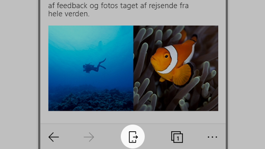 Skærmbillede af Microsoft Edge på iOS, hvor ikonet Fortsæt på pc er fremhævet.