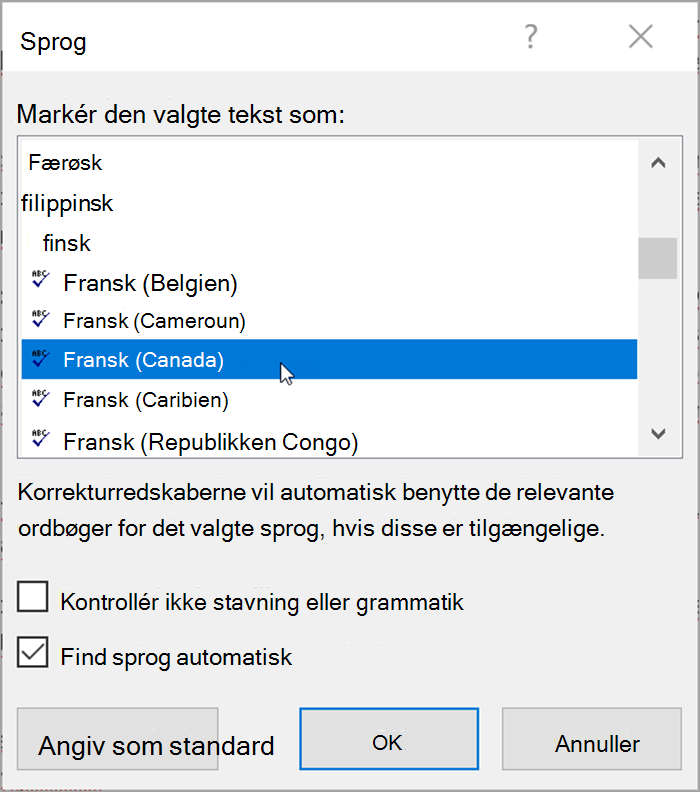 Skærmbillede fra Word. Pop op viser de sprog, der kan vælges. "Find sprog automatisk" er markeret. 
