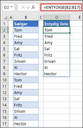 ENTYDIGE-funktion, der bruges til at sortere en liste med navne