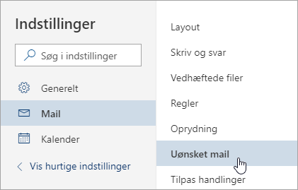 Et skærmbillede af menuen Indstillinger med uønsket mail, der er markeret