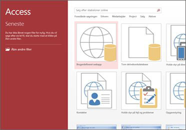 Velkomstskærmbilledet i Access, hvor søgefeltet og knapperne Brugerdefineret webapp og Tom skrivebordsdatabase er vises.