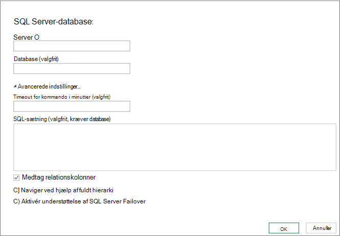 Dialogboksen SQL Server database